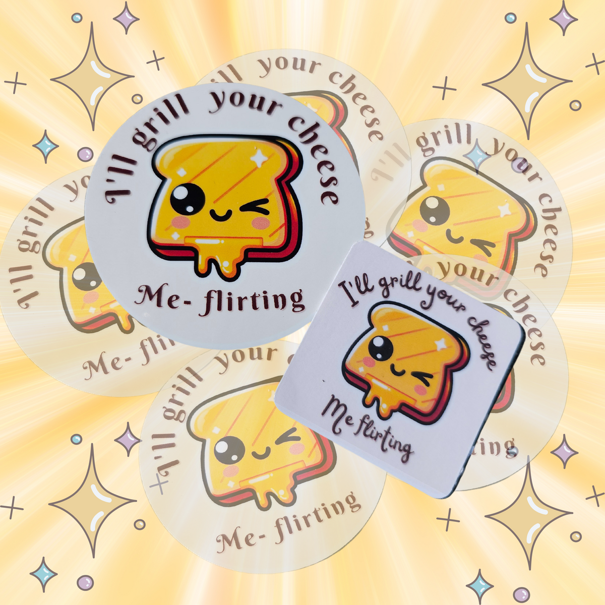 Cute Kawaii Vinyl Waterproof Sticker: 'I'll Grill Your Cheese, Me-Flirting' Perfect for Laptops, and Water Bottles