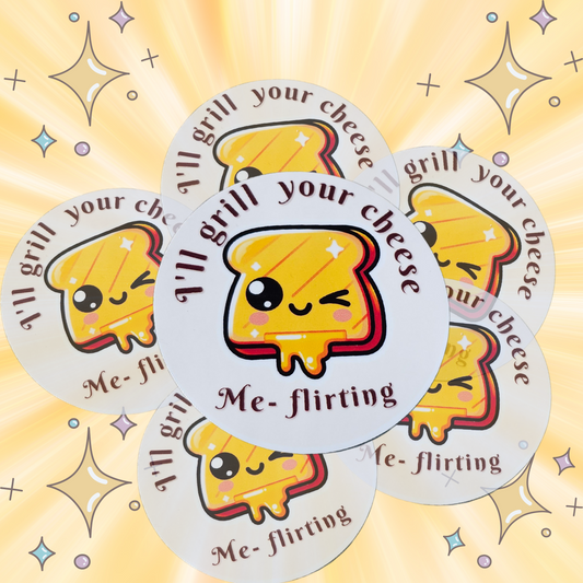 Cute Kawaii Vinyl Waterproof Sticker: 'I'll Grill Your Cheese, Me-Flirting' Perfect for Laptops, and Water Bottles