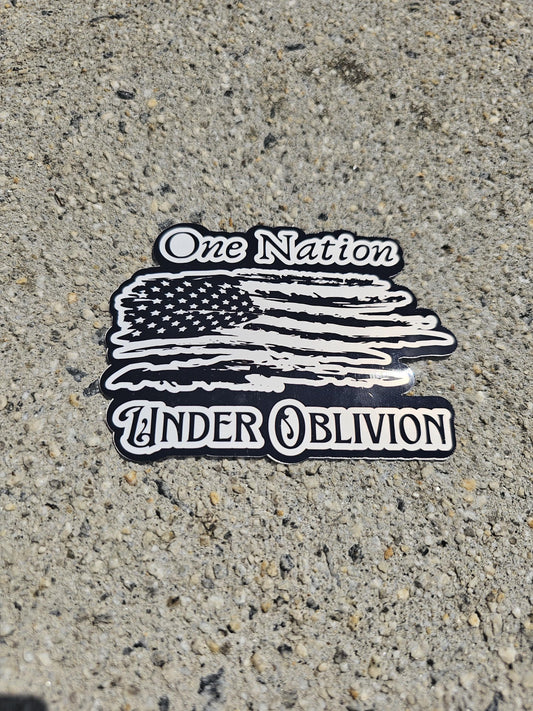 One Nation Under Oblivion - Vinyl Sticker | Tattered American Flag | Edgy Patriotism with a Dose of Reality